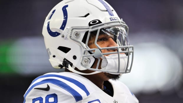Colts running back Jonathan Taylor looks on before a game vs. the Vikings.